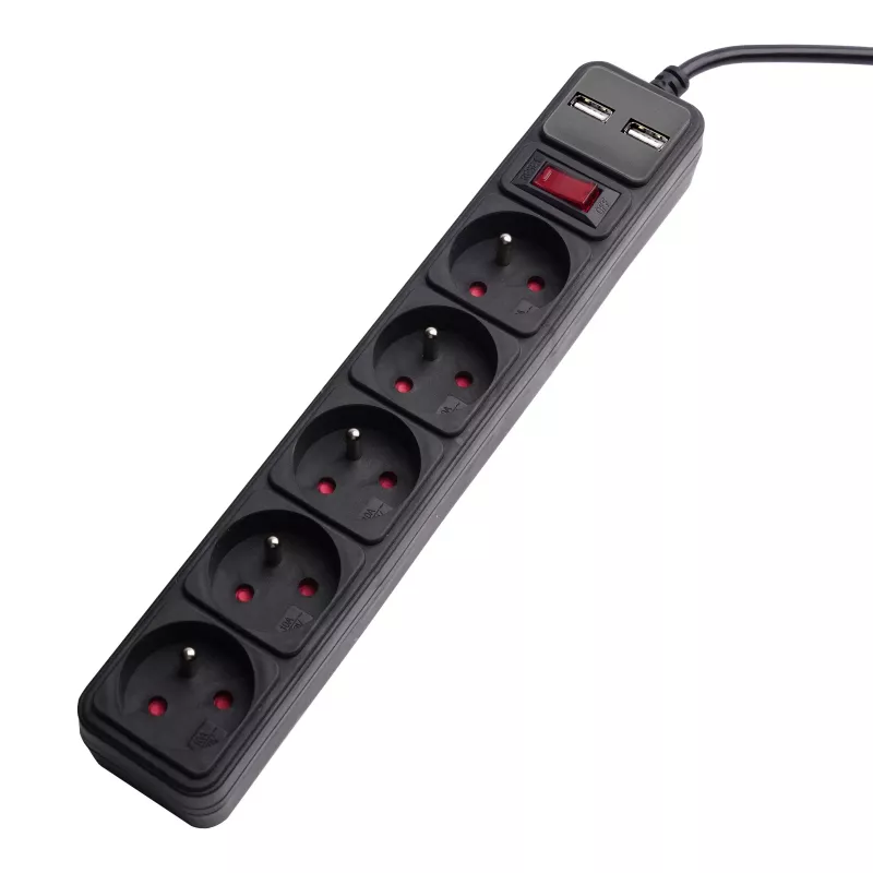Akyga AK-SP-05U regleta con protección contra sobretensiones, 5x CEE 7/5 (tipo E), 2x USB-A, 1,8 m, negra