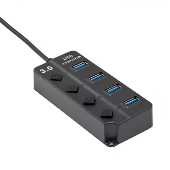 Akyga AK-AD-33 hub USB 3.0 activo, 4 puertos con interruptores individuales, 15 cm, negro