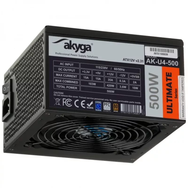 Akyga Ultimate AK-U4-500 fuente de alimentación ATX 500 W, 80 PLUS Bronze, PFC activo, ventilador de 120 mm