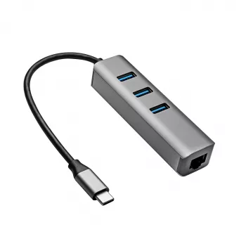 Akyga AK-AD-66 Hub USB-C con 3x USB 3.0 y Gigabit Ethernet, 15 cm, negro