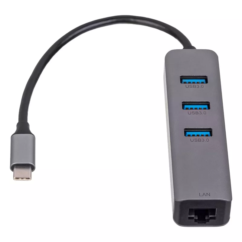 Akyga AK-AD-66 Hub USB-C con 3x USB 3.0 y Gigabit Ethernet, 15 cm, negro