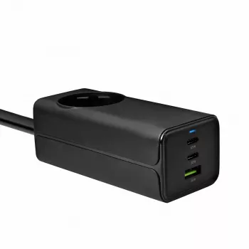 Akyga AK-CH-21 Cargador USB GaN 65 W, 2 x USB-C + USB-A, con regleta, 1,5 m, negro