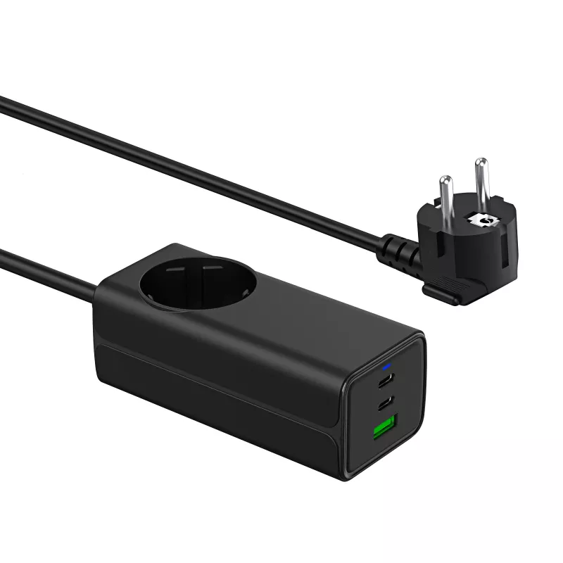 Akyga AK-CH-21 Cargador USB GaN 65 W, 2 x USB-C + USB-A, con regleta, 1,5 m, negro