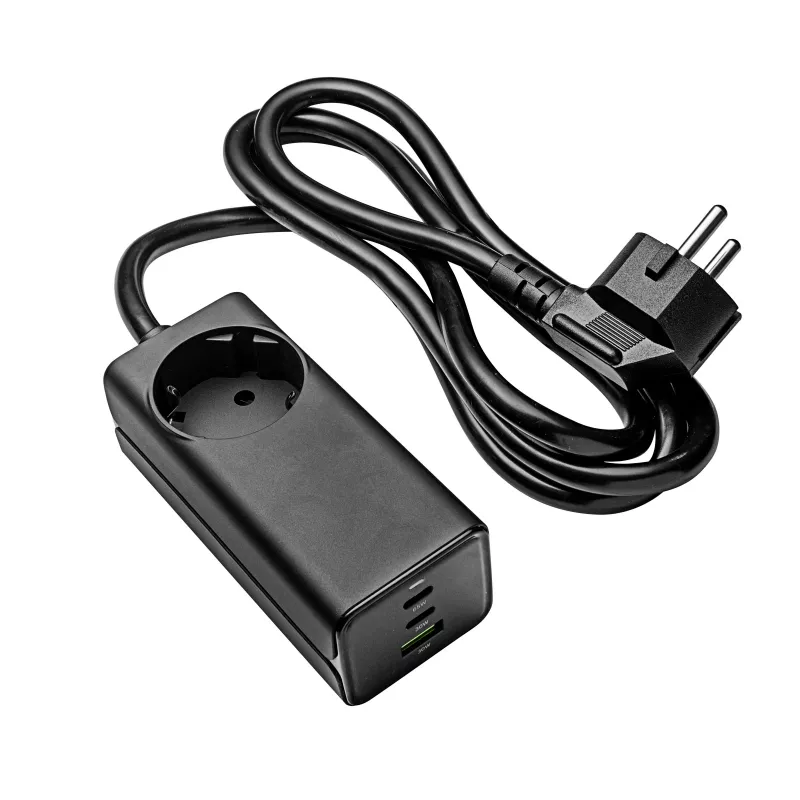 Akyga AK-CH-21 Cargador USB GaN 65 W, 2 x USB-C + USB-A, con regleta, 1,5 m, negro
