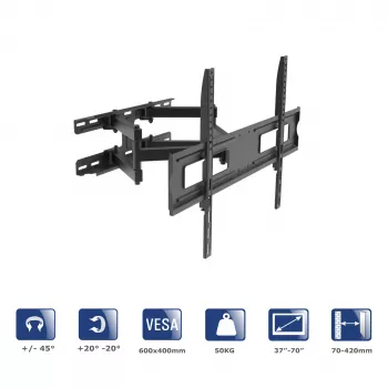 Akyga AK-MB-10 soporte de pared orientable para TV, 37-70 pulgadas, 50 kg, VESA 600x400, giro ±45°, inclinación ±20°, negro