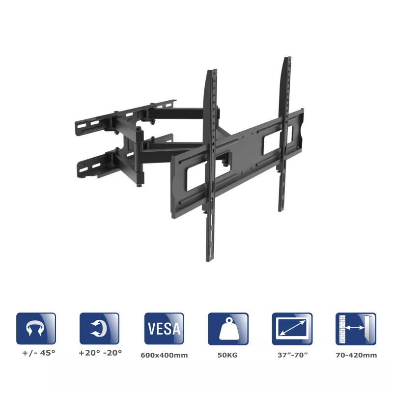 Akyga AK-MB-10 soporte de pared orientable para TV, 37-70 pulgadas, 50 kg, VESA 600x400, giro ±45°, inclinación ±20°, negro