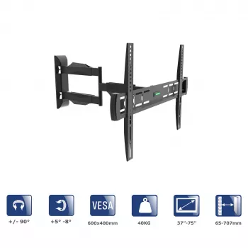 Akyga AK-MB-11 soporte de pared orientable para TV, 37-75 pulgadas, 40 kg, VESA 600x400, giro ±90°, negro