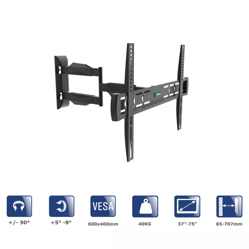 Akyga AK-MB-11 soporte de pared orientable para TV, 37-75 pulgadas, 40 kg, VESA 600x400, giro ±90°, negro