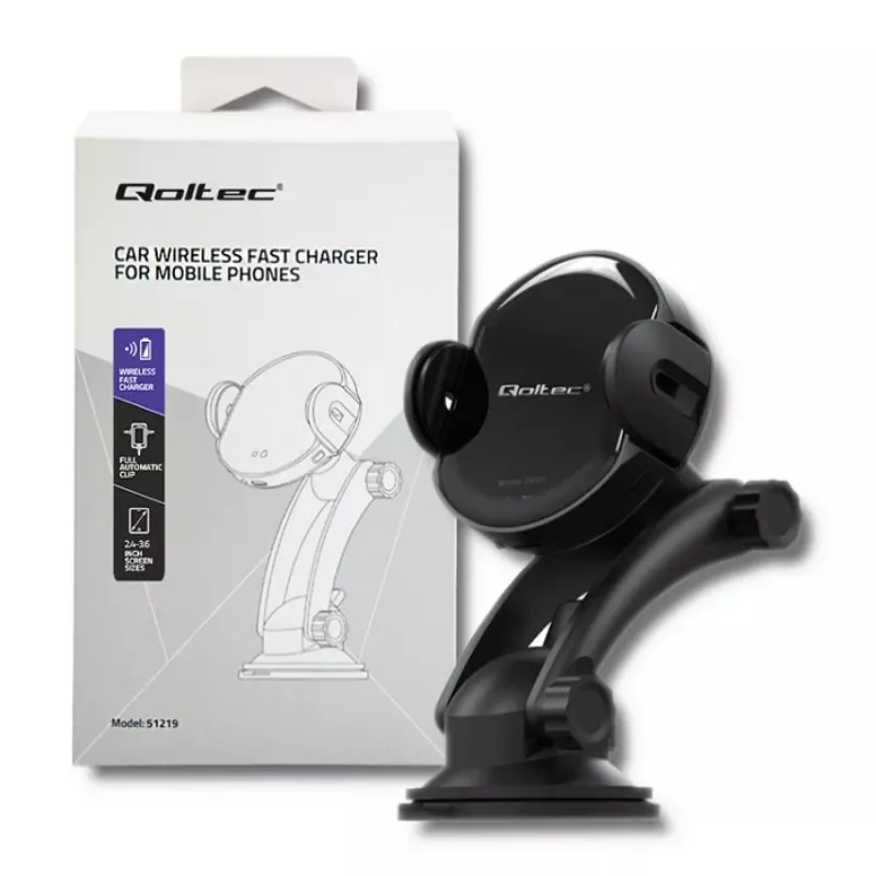 Qoltec Cargador inalámbrico para coche PRO con soporte IR 15W QC 3.0 USB Type-C negro