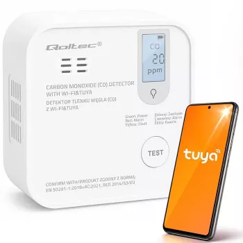 Qoltec Detector de monóxido de carbono (CO) inalámbrico certificado con batería, detector de CO, TUYA, Wi-Fi, sensor de 10 años de vida, alarma de 85dB, LED