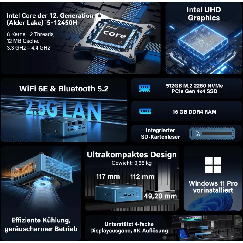 GEEKOM IT12 mini PC, Intel Core i7-1260P, 16GB RAM, 500GB SSD, Windows 11 Pro, azul