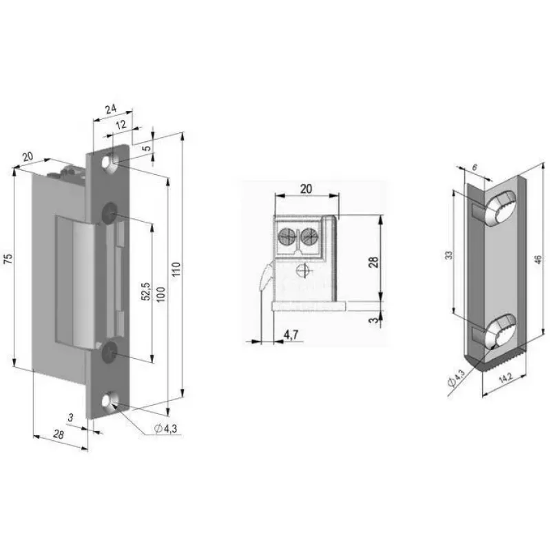 SCOT ES-S12AC/DC-B PROFI cerradero eléctrico simétrico con cerradura, 12V AC/DC, Fail-Secure, fuerza de retención de 3000N, gris/plata