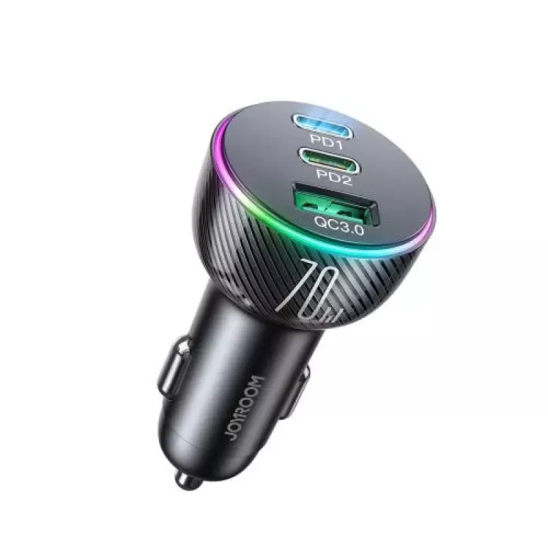 Cargador de coche 3-en-1 Joyroom con transmisor Bluetooth-FM, 70W PD, negro (JR-CL26)