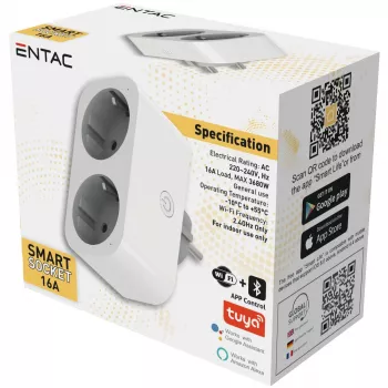 ENTAC Adaptador inteligente WiFi de doble enchufe ES-DSA-WIBLE, blanco, 2 tomas, 3680 W