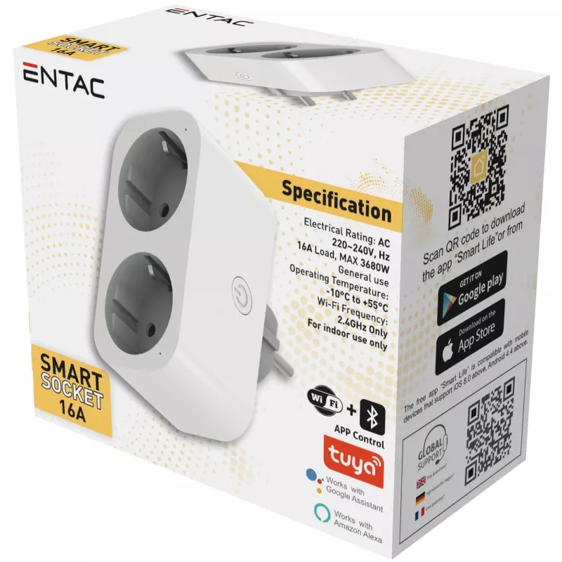 ENTAC Adaptador inteligente WiFi de doble enchufe ES-DSA-WIBLE, blanco, 2 tomas, 3680 W