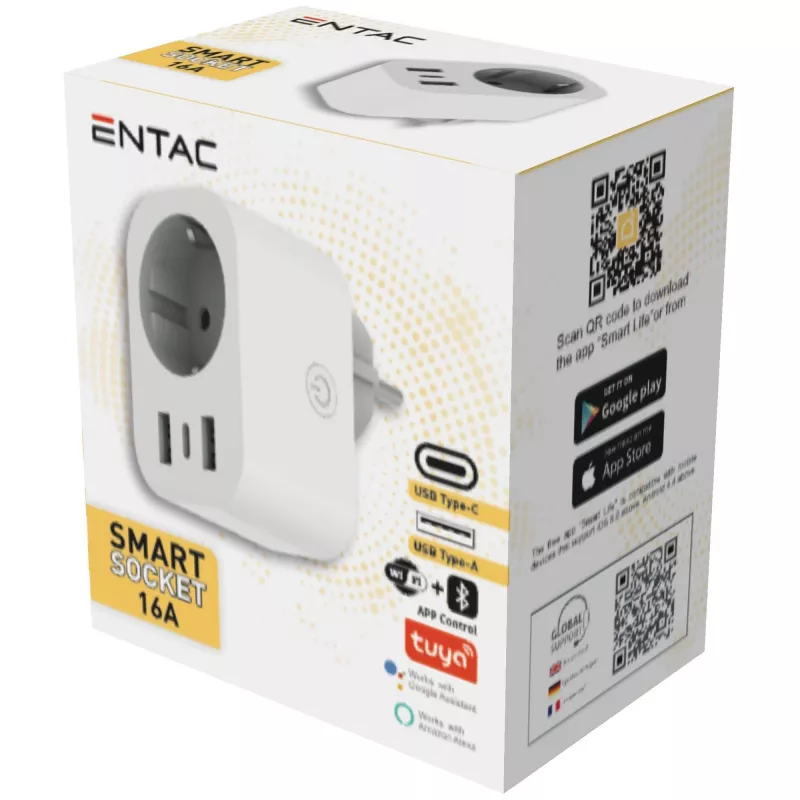 ENTAC Enchufe inteligente WiFi 1x Schuko con 2x USB-A y 1x USB-C, blanco