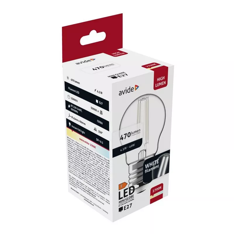 Avide Bombilla LED White Filament Mini Globe 4,5W E27 Blanco cálido 2700K