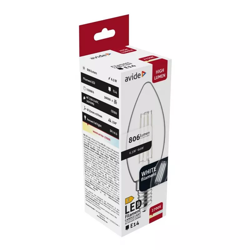 Avide Bombilla LED filamento vela 6,5W E14 blanco cálido 2700K