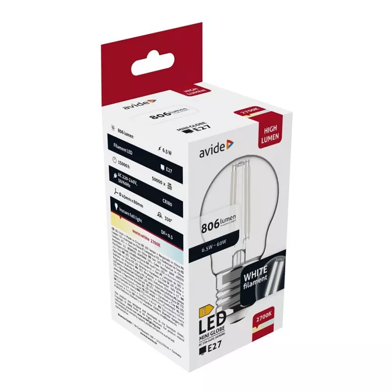 Avide LED filamento Mini Globe 6,5W E27 blanco cálido 2700K