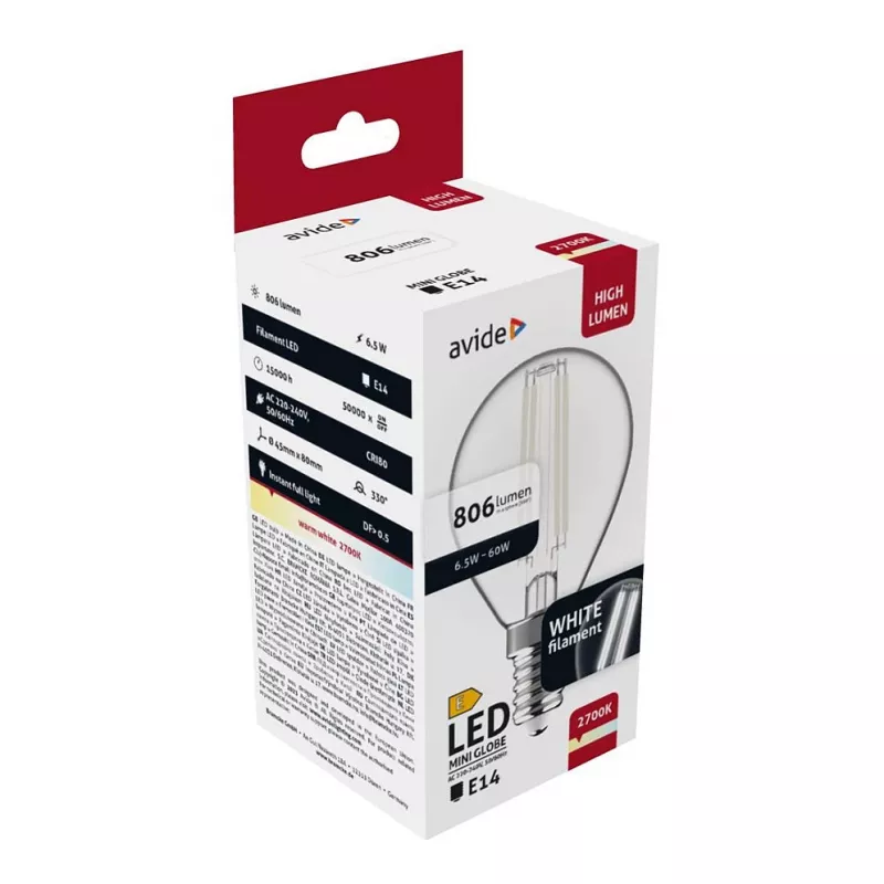 Avide Lámpara LED White Filament Mini Globe 6,5W E14 Blanco cálido 2700K
