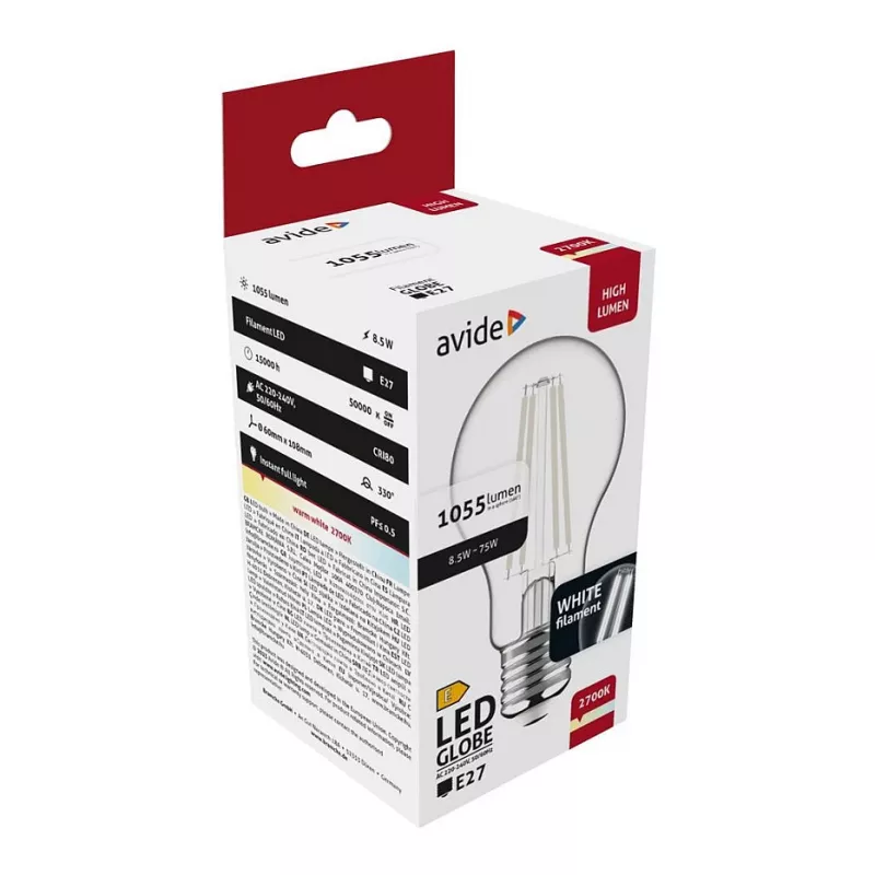 Avide Bombilla LED filamento Globe 8,5W E27 blanco cálido 2700K