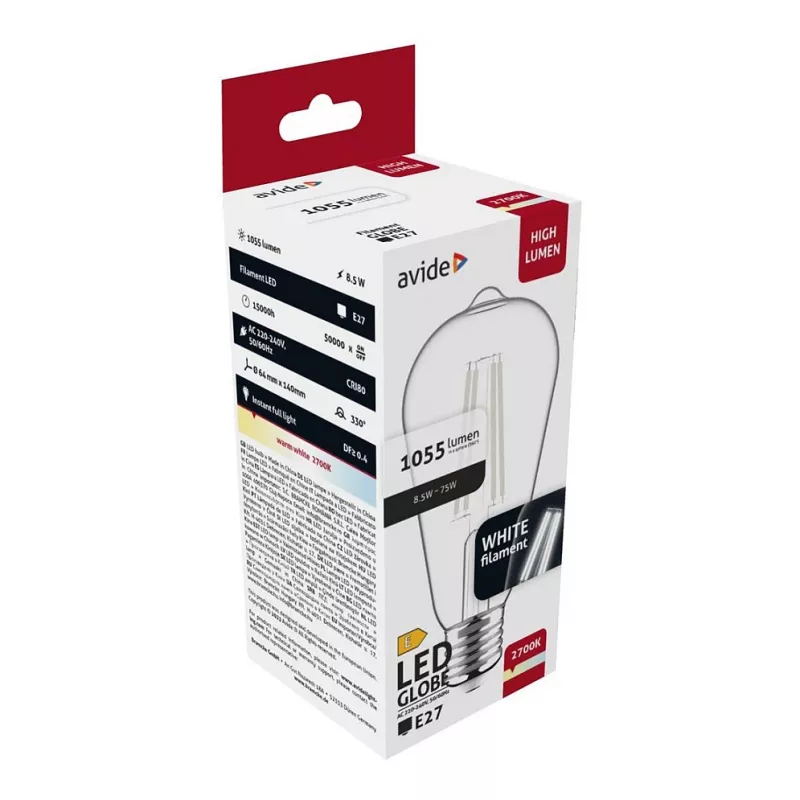 Avide Bombilla LED White Filament ST64 8,5W E27 Blanco cálido 2700K