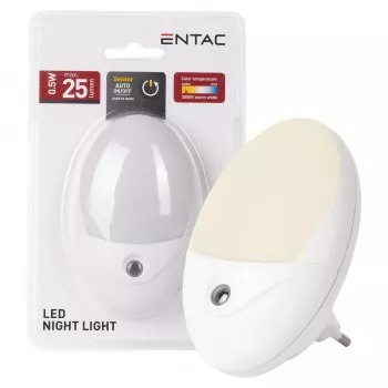 ENTAC Luz nocturna LED 0,5W ovalada blanco cálido con sensor crepuscular