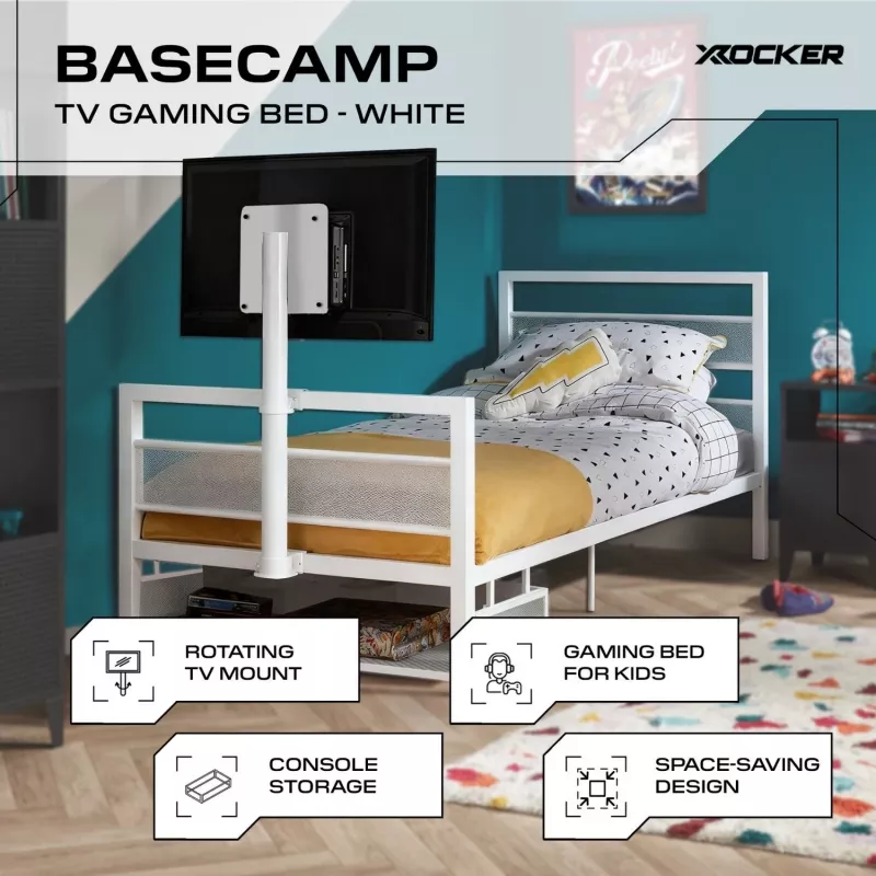 XROCKER Cama individual gaming 90x190cm con soporte de TV Metal Blanco