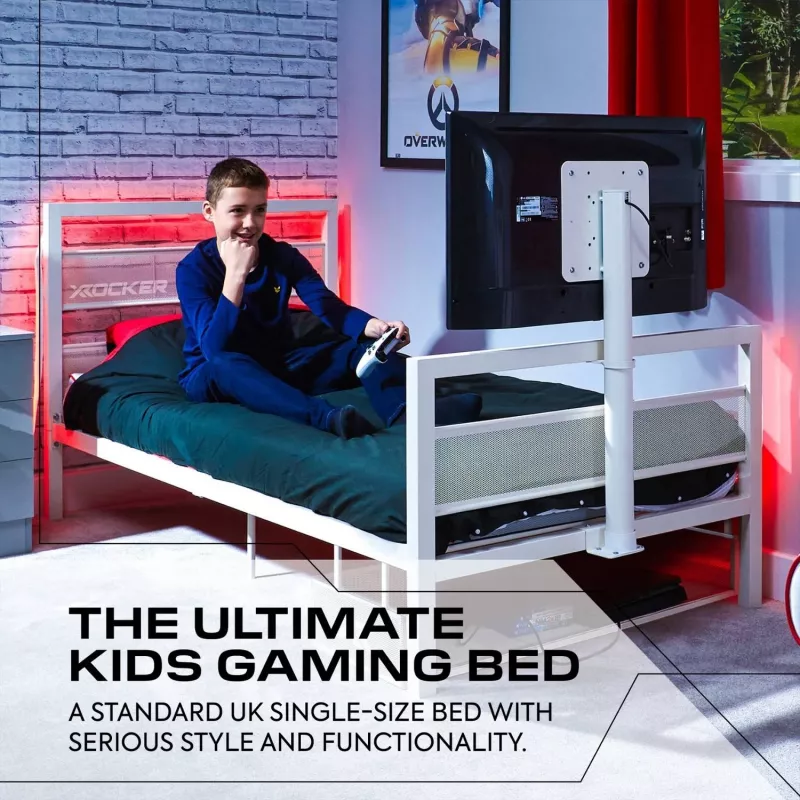XROCKER Cama individual gaming 90x190cm con soporte de TV Metal Blanco