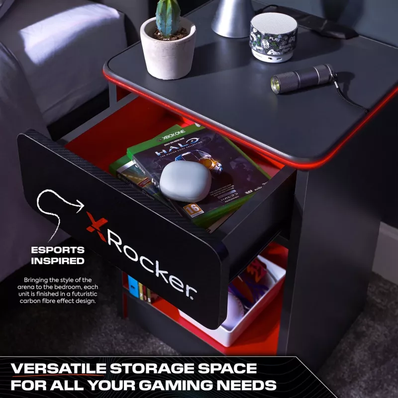 X Rocker Mesita de noche gaming con iluminación LED RGB, Gris/Rojo