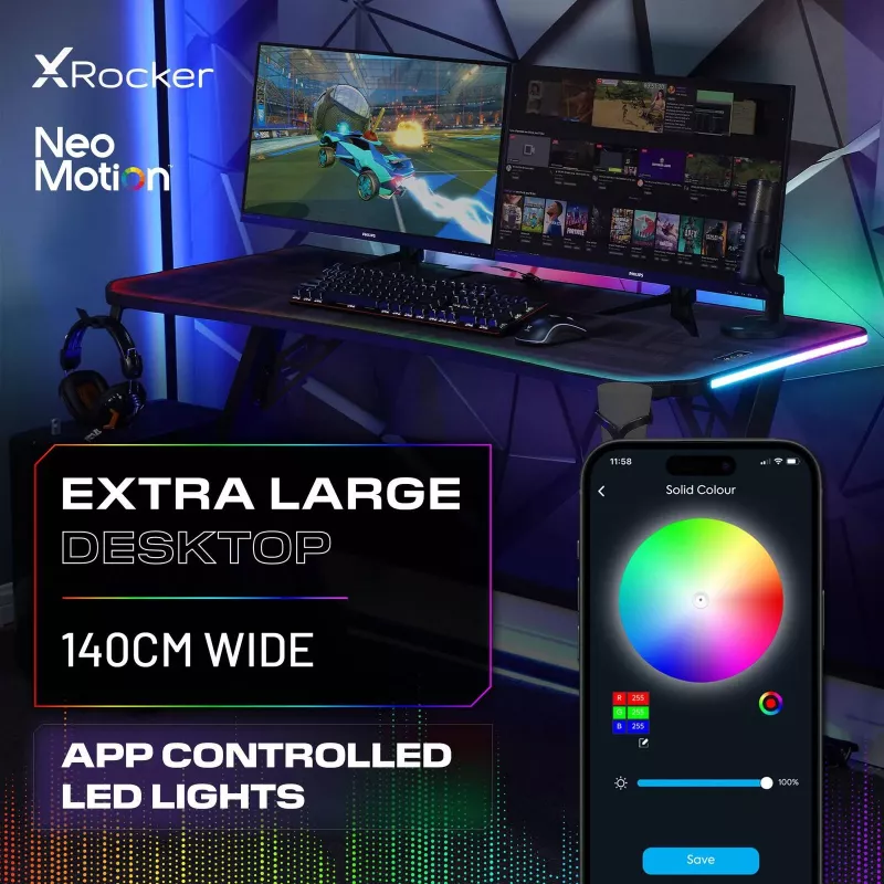 X Rocker Lumio XL Escritorio gaming RGB con iluminación RGB y alfombrilla, 140 cm