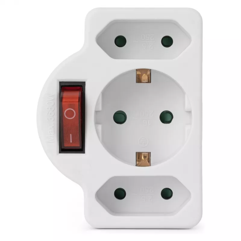 ENTAC Adaptador de enchufe de pared 2x Euro 1x Schuko con interruptor Blanco