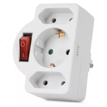 ENTAC Adaptador de enchufe de pared 2x Euro 1x Schuko con interruptor Blanco