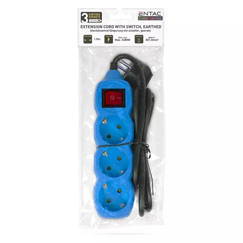 ENTAC Regleta de enchufes 3 tomas 1,5 m con interruptor Azul