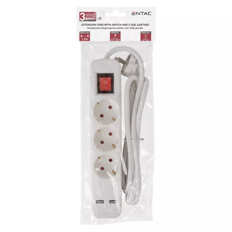 ENTAC Regleta de enchufes 3 tomas con USB 1,5 m interruptor Blanco