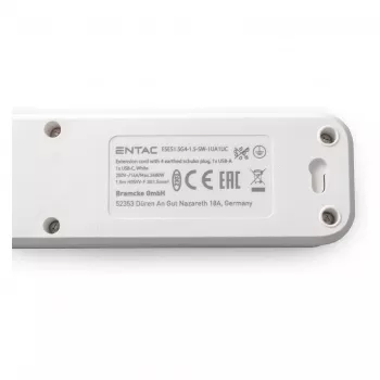 ENTAC Regleta 4 tomas con 1x USB-A y 1x USB-C, 1,5 m blanca