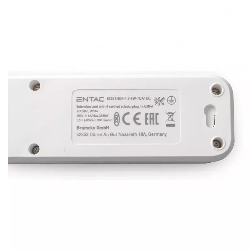 ENTAC Regleta 4 tomas con 1x USB-A y 1x USB-C, 1,5 m blanca