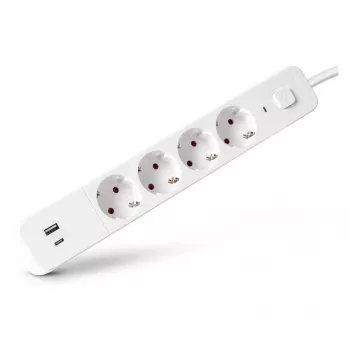 ENTAC Regleta 4 tomas con 1x USB-A y 1x USB-C, 1,5 m blanca
