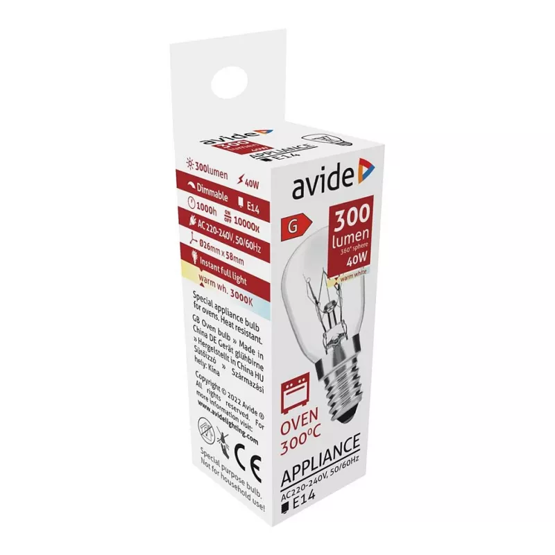 Avide Bombilla de horno 300°C 300lm 40W E14 blanco cálido 3000K