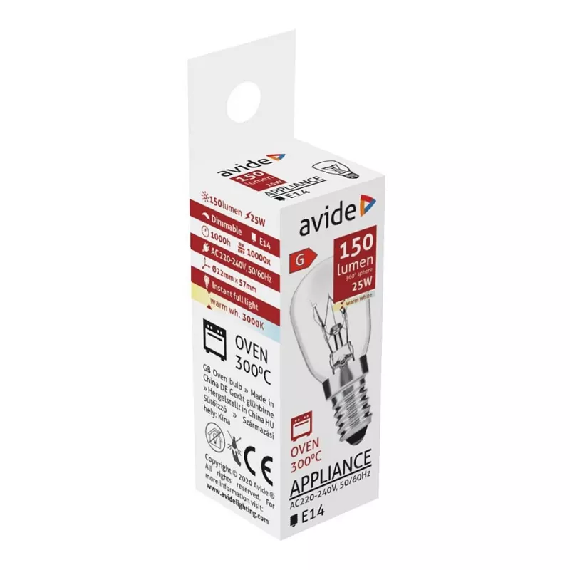 Avide Bombilla para horno 300°C 150lm 25W E14 blanco cálido 3000K