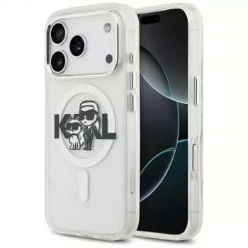 Karl Lagerfeld IML Glitter Karl & Choupette Sketch Logo MagSafe Case para iPhone 17 Pro, Transparente