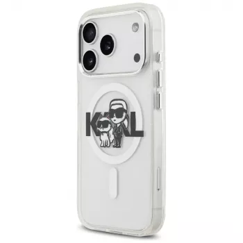 Karl Lagerfeld IML Glitter Karl & Choupette Sketch Logo MagSafe Case para iPhone 17 Pro, Transparente