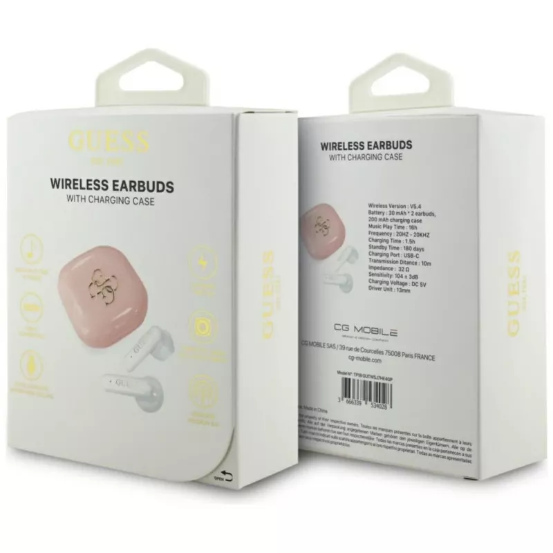 Guess 4G Metal Logo True Wireless Stereo Bluetooth 5.0 Earbuds con estuche de carga - Rosa