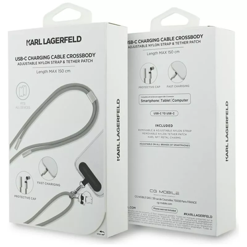 Karl Lagerfeld Crossbody Strap Choupette Charm - correa universal para teléfono / cable USB-C a USB-C 1,5 m (gris)