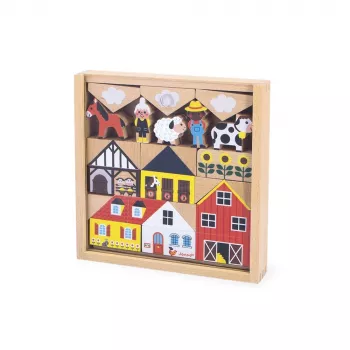 Janod Set de Bloques de Madera y Figuras 34 Piezas Pueblo Cruce 2+