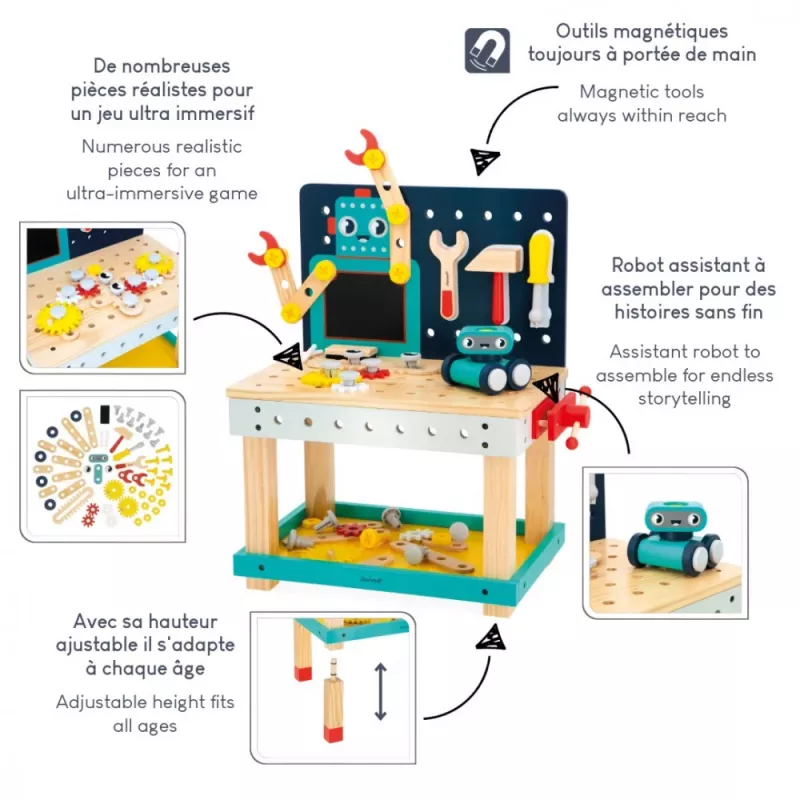 Janod Brico'Kids Robot Banco de Trabajo Magnético de Madera Juguete para Niños desde 3 Años - 40 Piezas