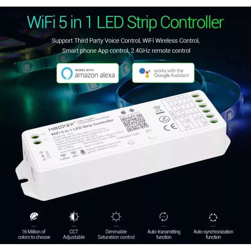 MIBOXER WL5 5en1 RGB+CCT controlador LED DC12-24V WiFi 2.4G Alexa