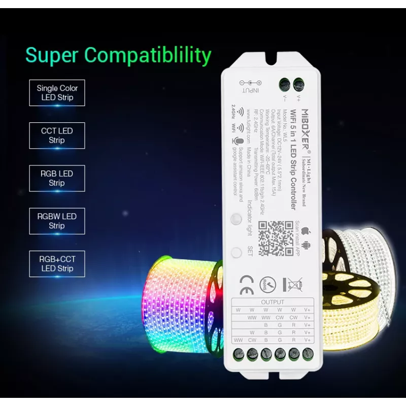 MIBOXER WL5 5en1 RGB+CCT controlador LED DC12-24V WiFi 2.4G Alexa