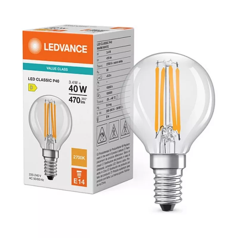 Osram LED Classic P 40 Filament 3.4W 827 Clear E14 Bombilla LED, Mini Globe