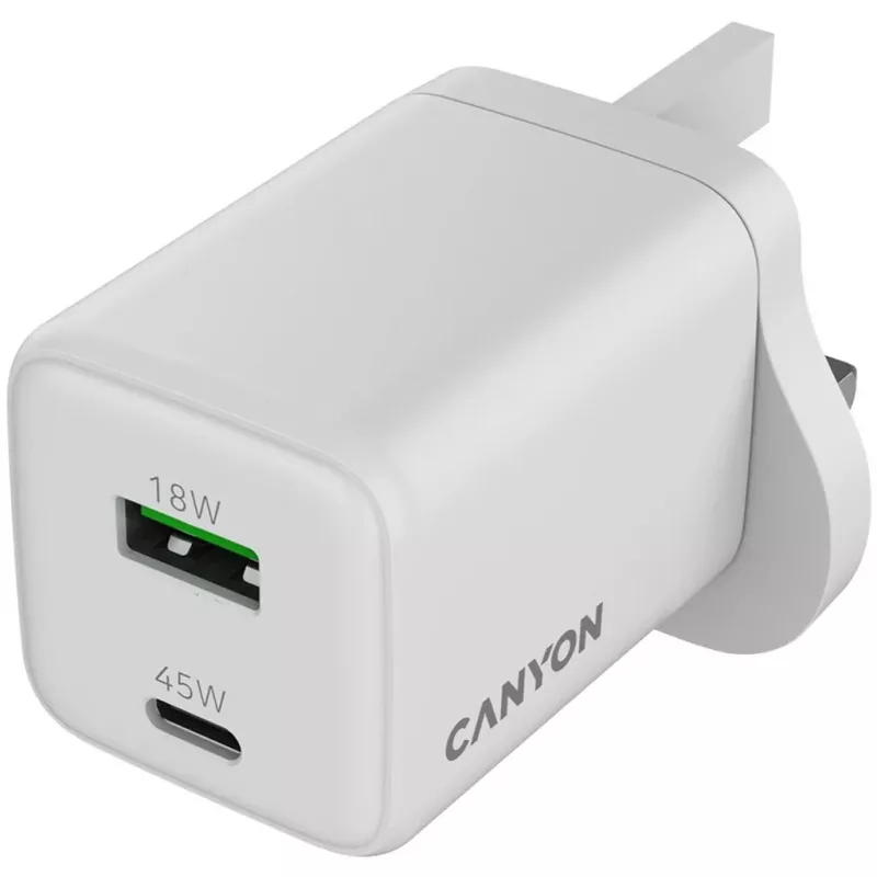 CANYON CU45AC cargador de pared GaN 45W 1xPD 1xQC UK blanco